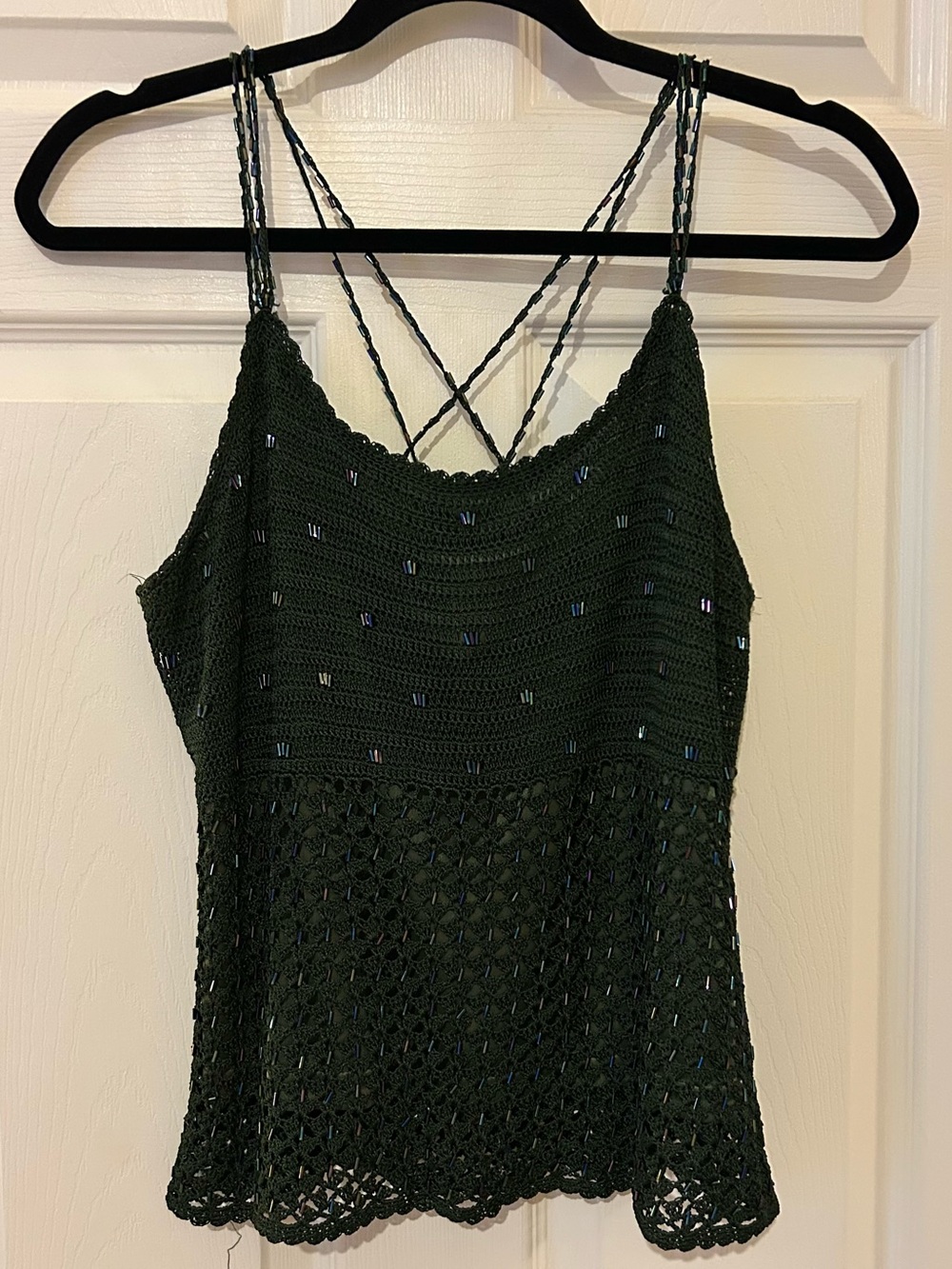 Debbie Shuchat Dark Green Crochet Tank Top with beaded straps and details - Lrg